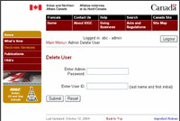 screen capture of the Delete User menu