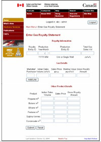 screen capture of the Enter Gas Royalty Statement menu