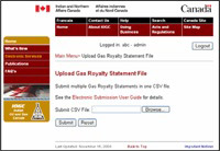 screen capture of the Upload Gas Royalty Statement File menu
